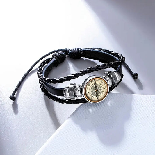 Men's Fashion Casual Cool Punk Street Compass Adjustable PU Leather Bracelet